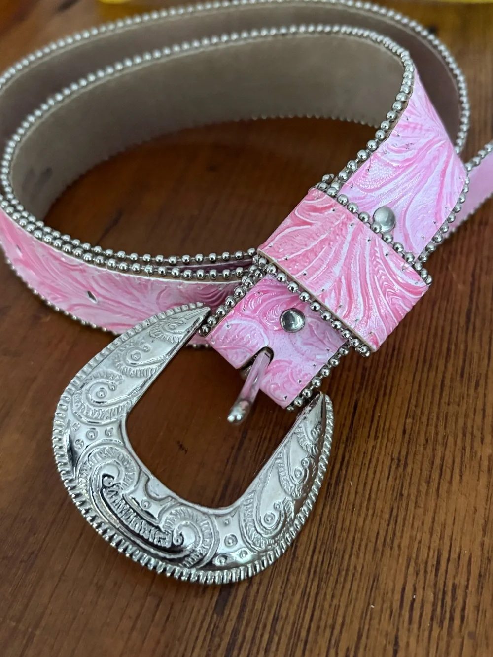 Vintage Western Pink Tooled Leather Belt Silver Western Buckle S/M Beaded Trim